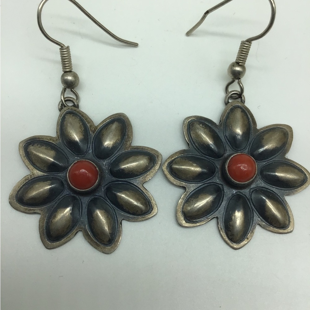 Vintage RJ Sterling Zuni Navajo Flower Red Coral Turquoise Dangle Earrings